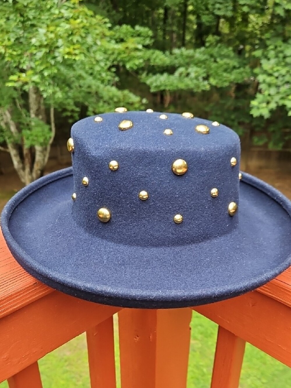 Vintage Betmar New York 100% Wool Gold-Studs Navy Felt Wide-Brim Hat - Picture 5 of 17